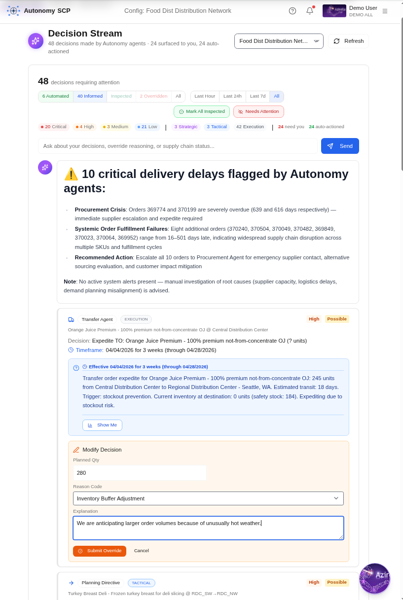 Autonomy Decision Stream, agent decisions ranked by urgency and likelihood