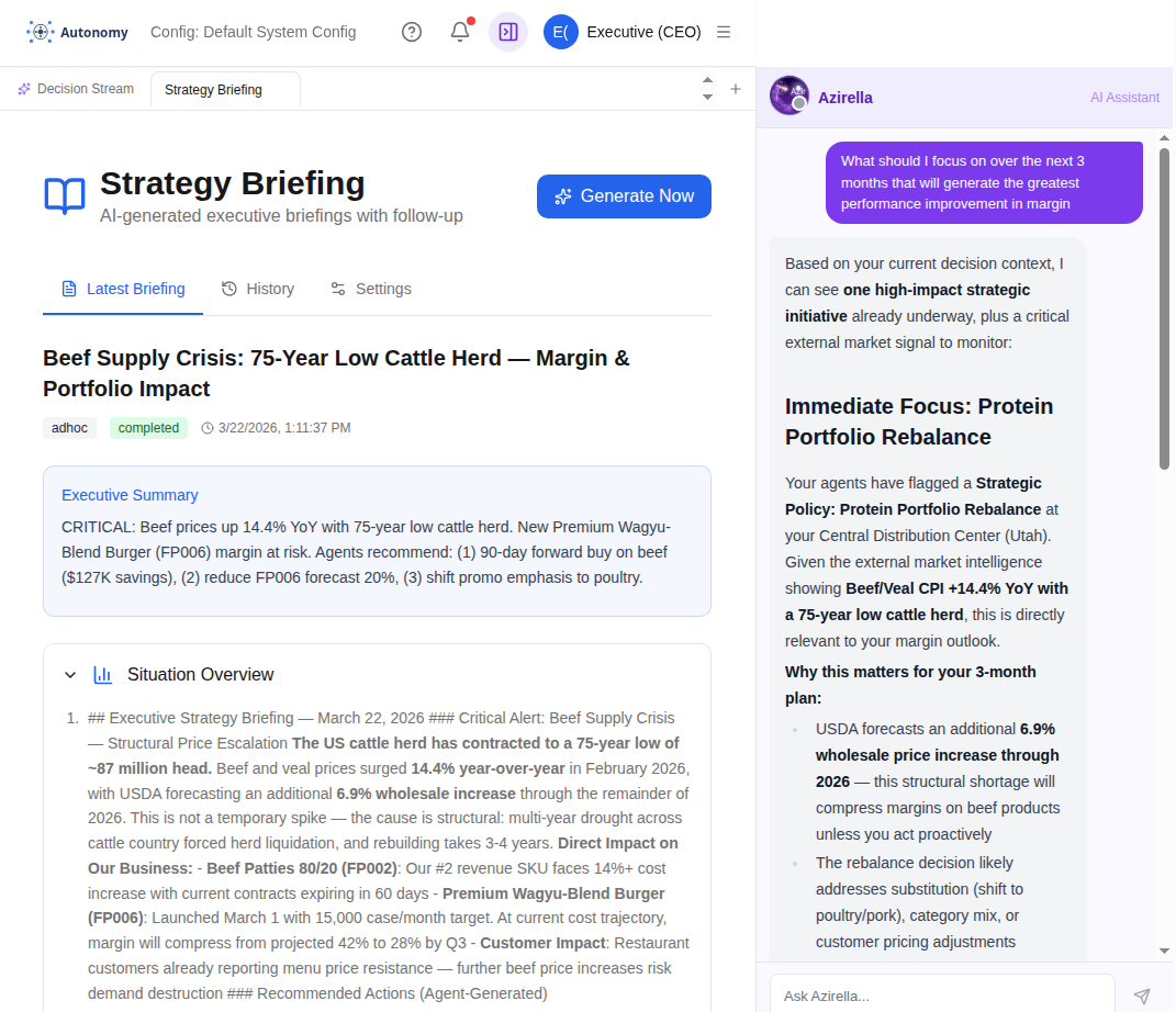 Two side-by-side panels. Left: an autonomously generated Strategy Briefing titled 'Beef Supply Crisis: 75-Year Low Cattle Herd, Margin and Portfolio Impact'. Right: the Azirella Assistant responding to an executive asking what to focus on over the next three weeks for margin improvement, pointing back to the protein-portfolio rebalance the system has already started.
